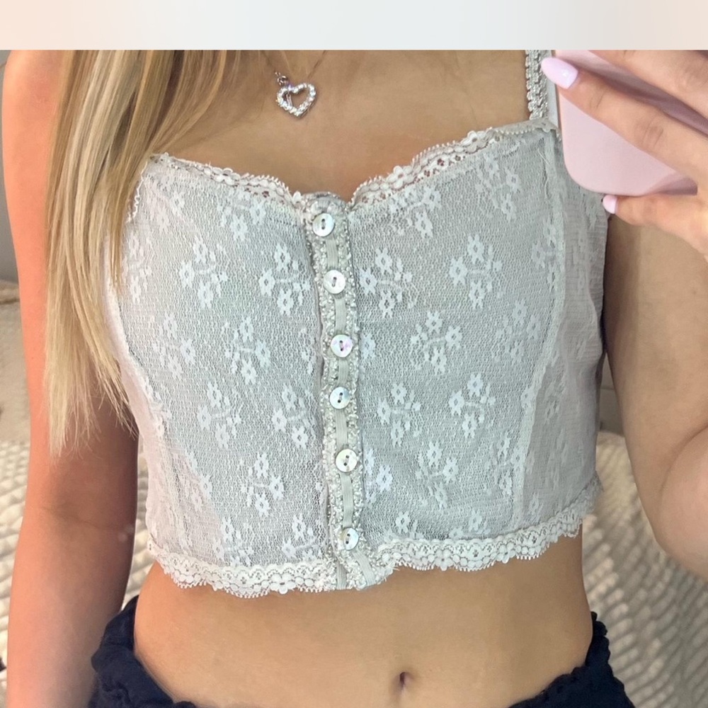 Lace Button-Up Crop Top - Sage Green